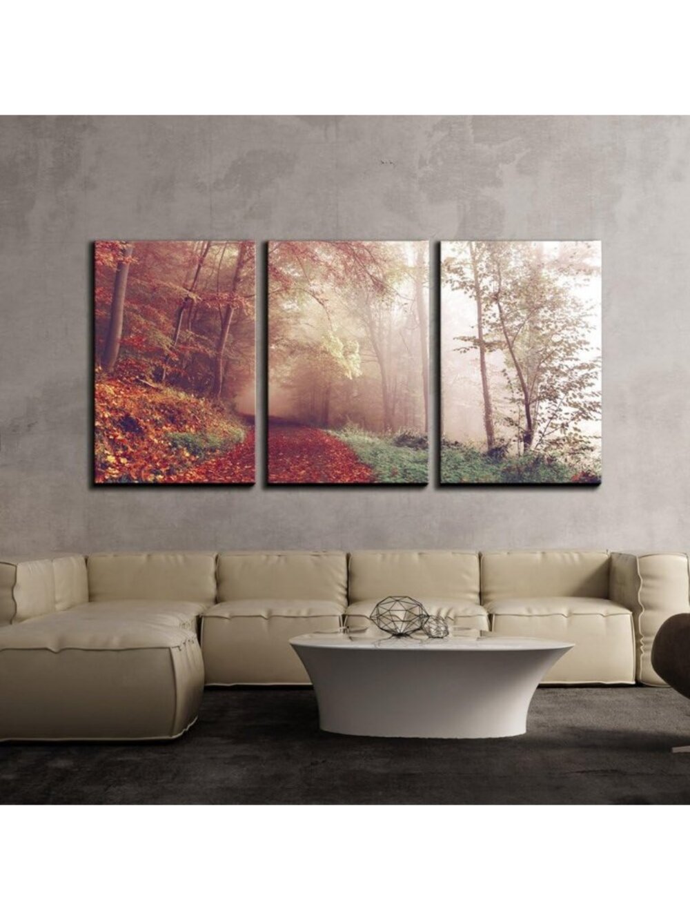 3 Piece Canvas Wall Art Set - Fall Landscape Pathway to Misty Forest - Framed